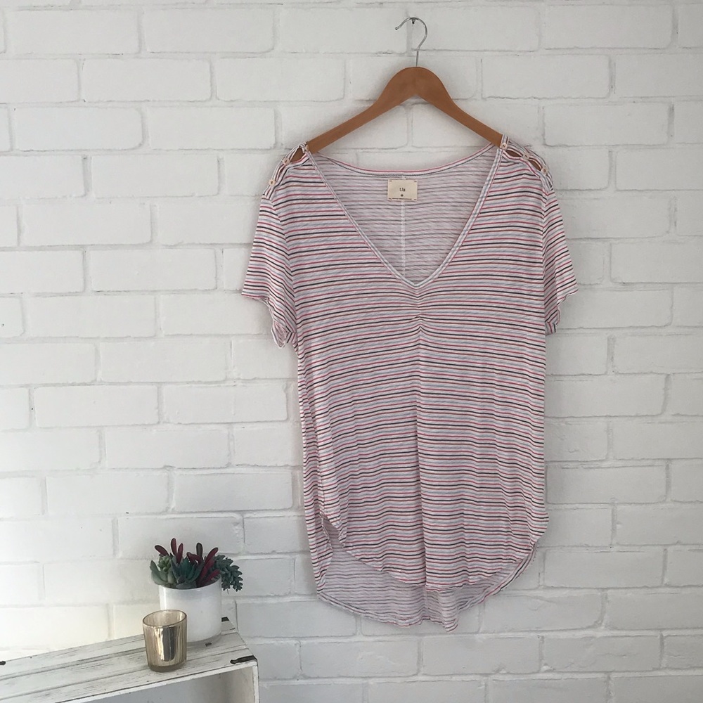 Anthropologie T. la Striped Button Shoulder V-Neck